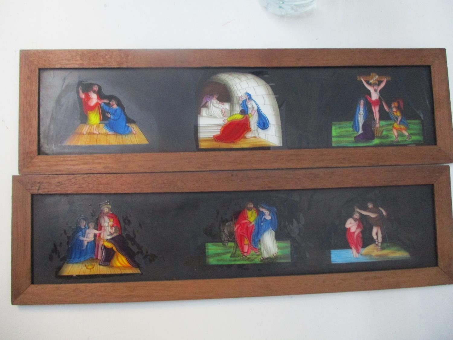 A set of twelve religious magic lantern slides each with three scenes in mahogany frames, 4" h x - Image 4 of 6