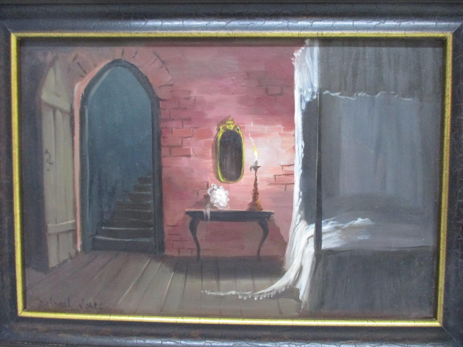 Deborah Jones - a set of four room scenes with antique furniture, oil on board, two signed lower - Image 5 of 5