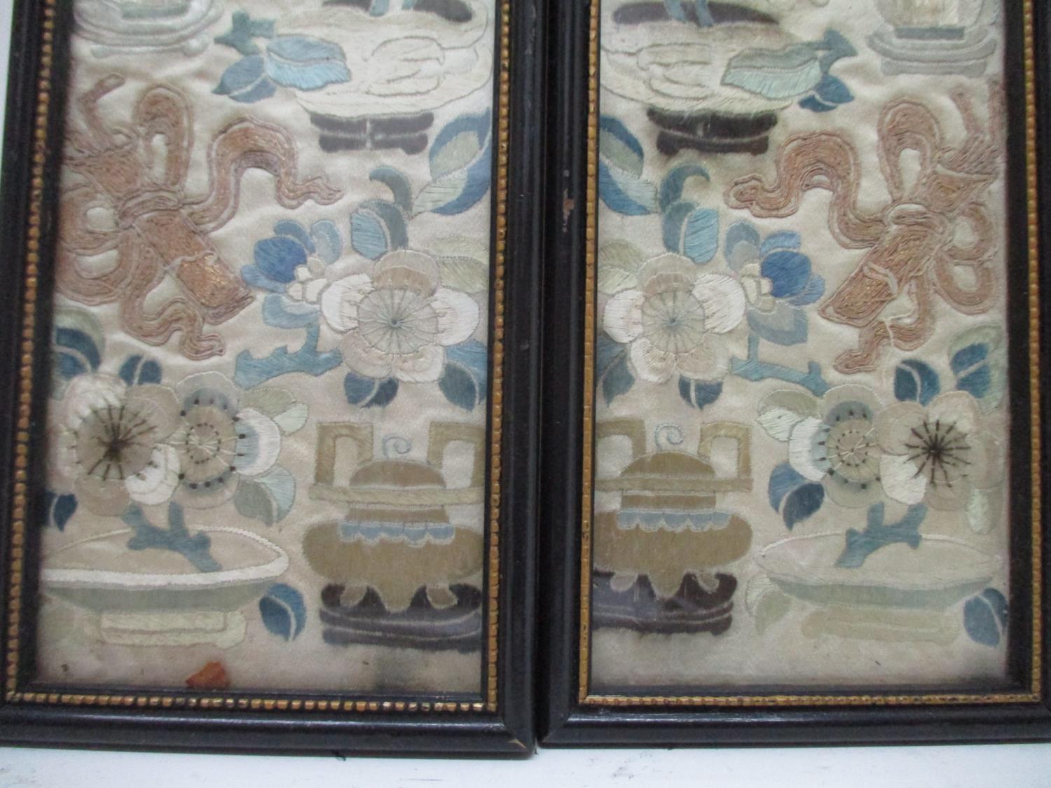 A pair of 19th century Chinese embroidered silk panels with flowers plants objects and bowls each - Image 4 of 5