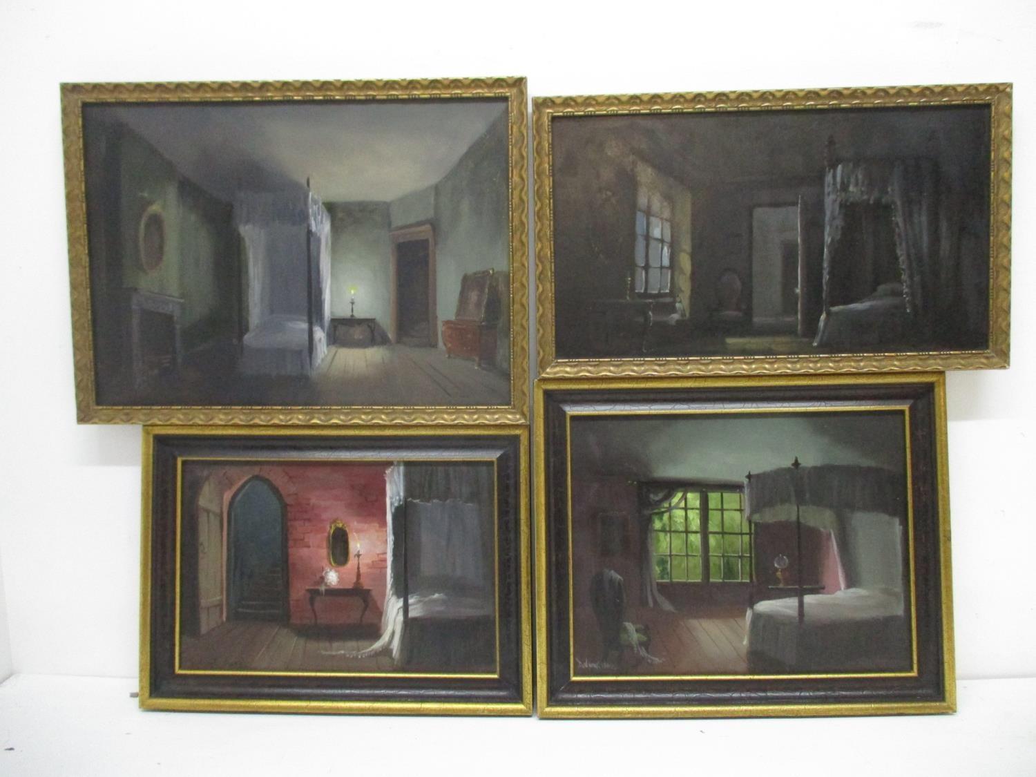 Deborah Jones - a set of four room scenes with antique furniture, oil on board, two signed lower