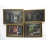Deborah Jones - a set of four room scenes with antique furniture, oil on board, two signed lower
