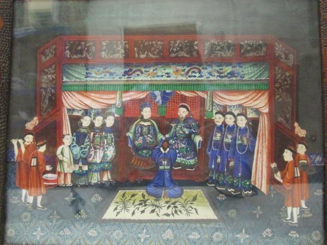 19th century Chinese School - a view of a ceremony with a man kneeling before a seated man and woman