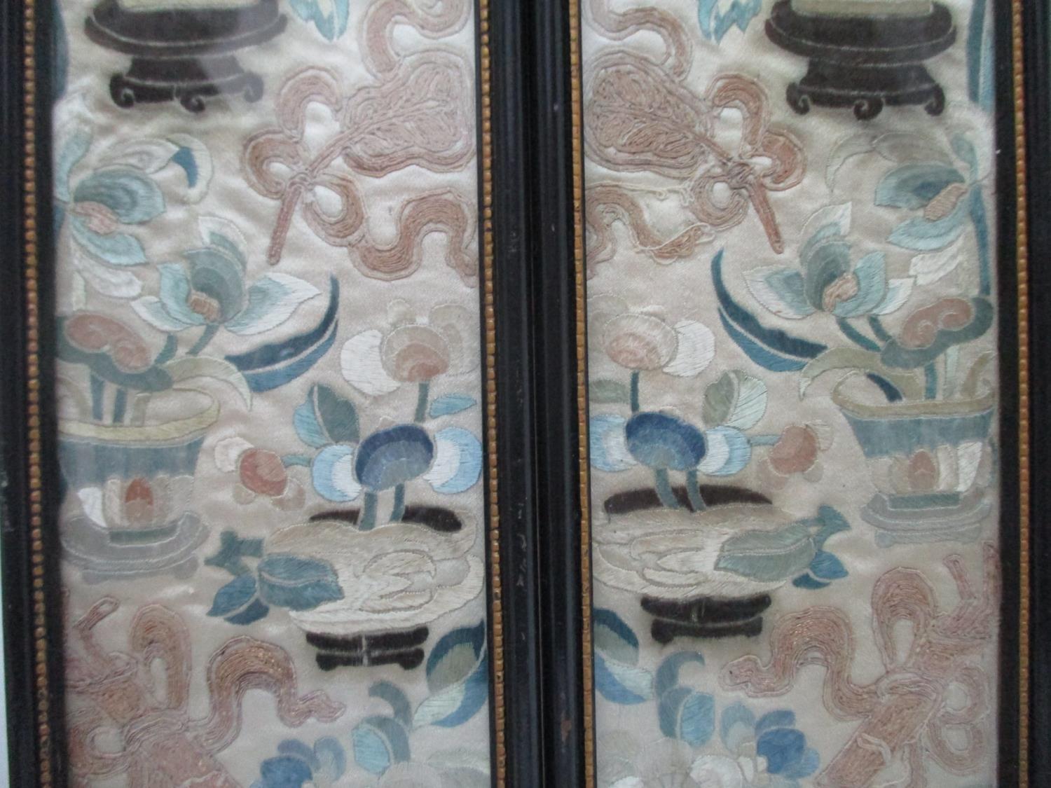 A pair of 19th century Chinese embroidered silk panels with flowers plants objects and bowls each - Image 5 of 5