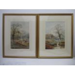 Arthur Willet - a pair of hunting scenes with men on horseback, hounds, a river and trees,