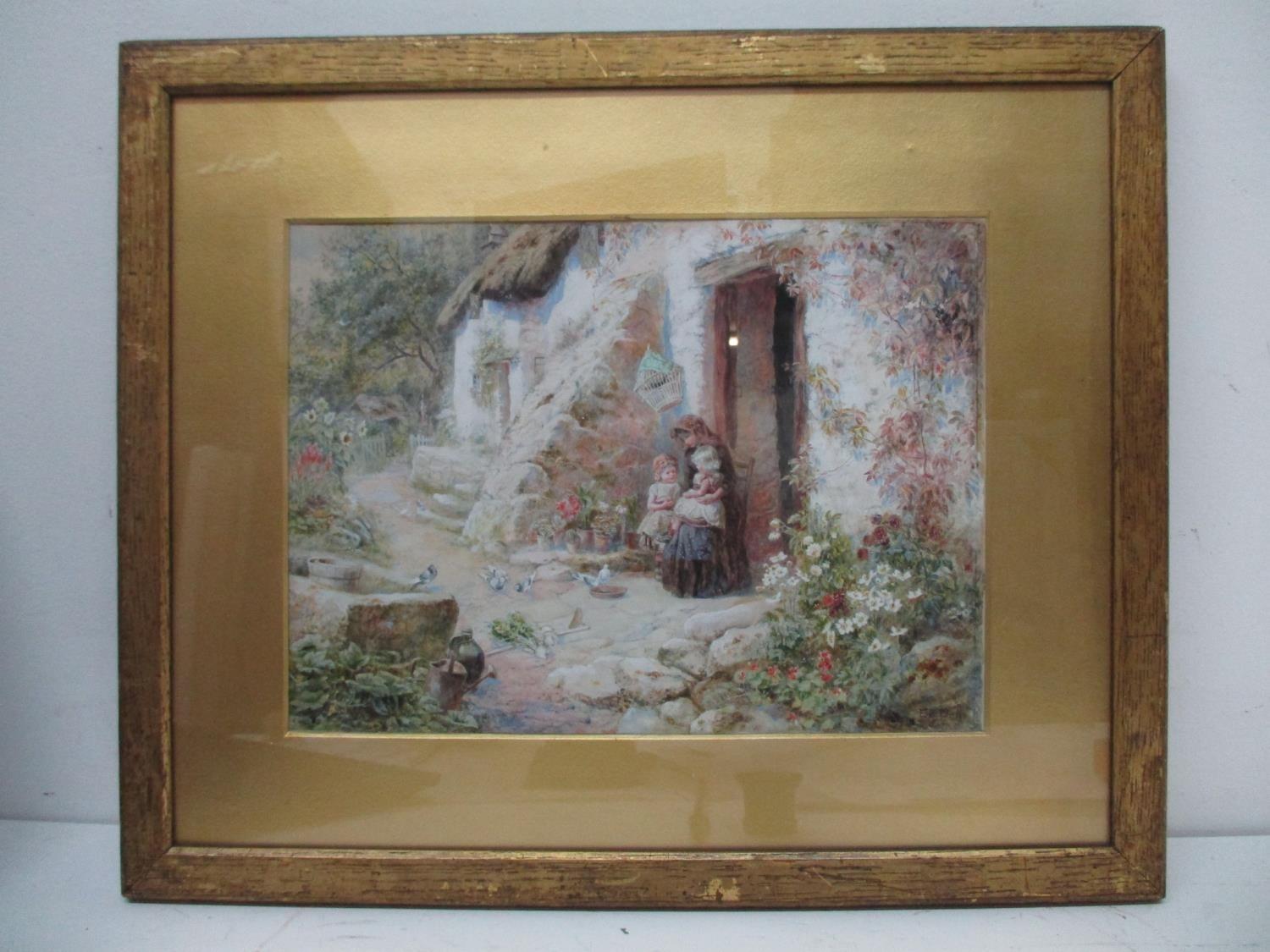 Etheline Eva Dell - a cottage garden scene with a mother and two children by an open door to a - Image 2 of 5