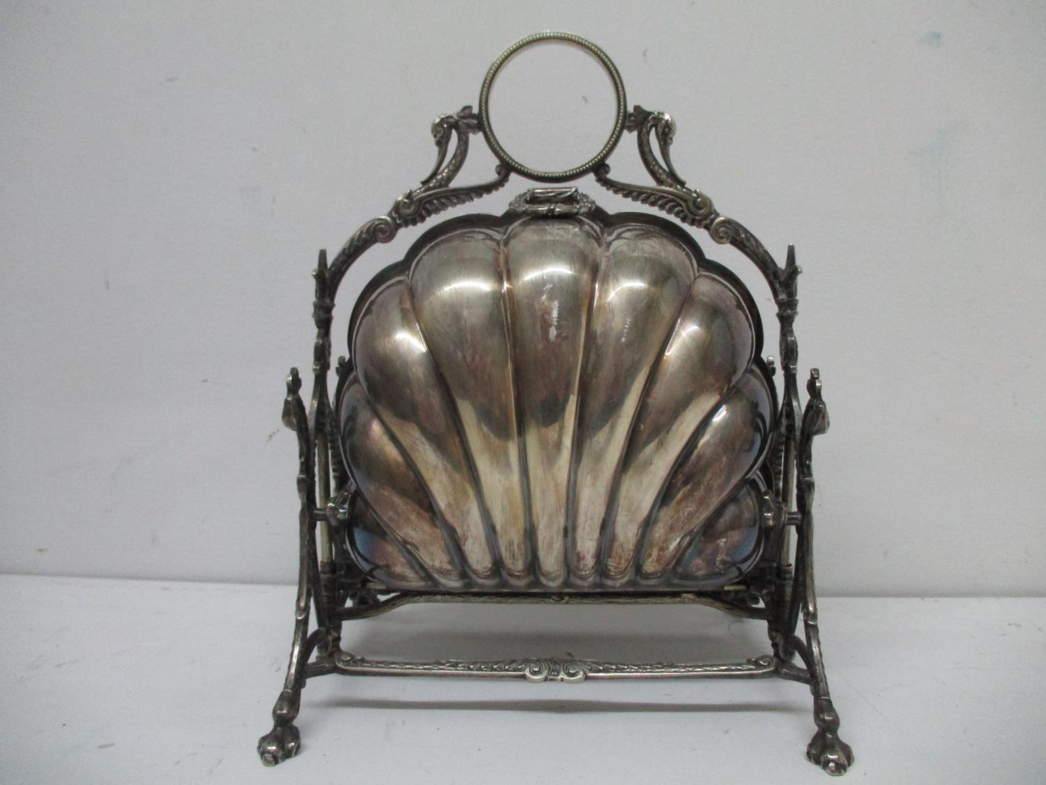 A Victoria silver plated biscuit box with a ring, bird head and scrolled handle, over twin scalloped - Image 3 of 5