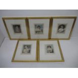 E M Hester - five half length portraits, four of a woman with brown hair wearing a white dress and
