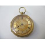 A 19th century 18ct gold, open faced pocket watch with an engraved case, a gilt dial and Roman