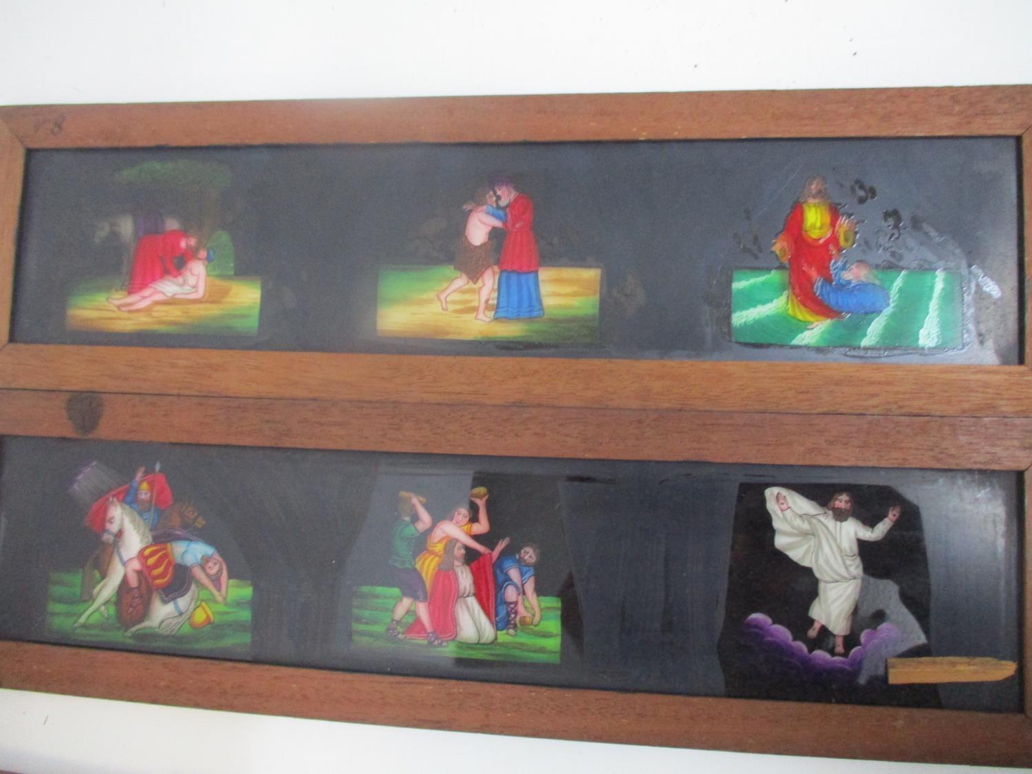 A set of twelve religious magic lantern slides each with three scenes in mahogany frames, 4" h x - Image 3 of 6