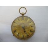A 19th century 18ct gold open faced pocket watch, with a floral engraved case, a gilt dial and Roman
