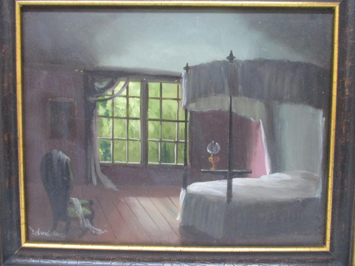 Deborah Jones - a set of four room scenes with antique furniture, oil on board, two signed lower - Image 4 of 5