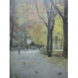 Harold Altman - 'Pigeons 1986' - a park scene in Autumn with figures and pigeons, limited edition