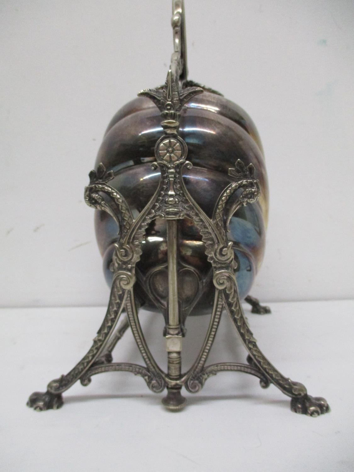 A Victoria silver plated biscuit box with a ring, bird head and scrolled handle, over twin scalloped - Image 2 of 5