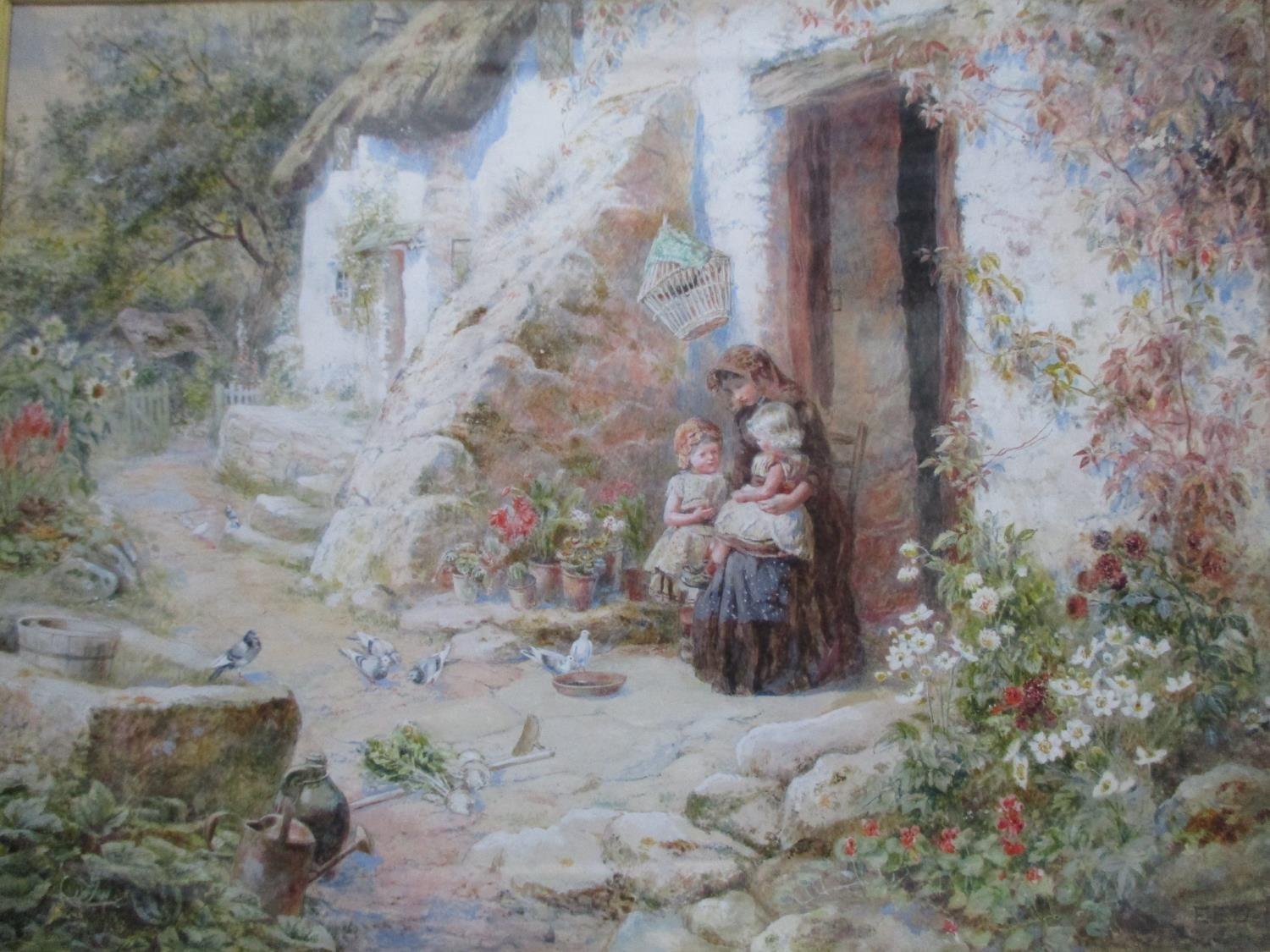 Etheline Eva Dell - a cottage garden scene with a mother and two children by an open door to a