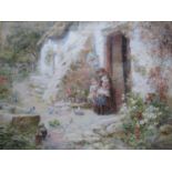 Etheline Eva Dell - a cottage garden scene with a mother and two children by an open door to a