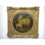 Late 19th century British School - a ewe and lamb by a rock, oil on canvas, 24" dia, in a gilt frame