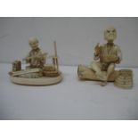 Two late 19th century Japanese carved ivory figures, one of a man sitting cross-legged holding a
