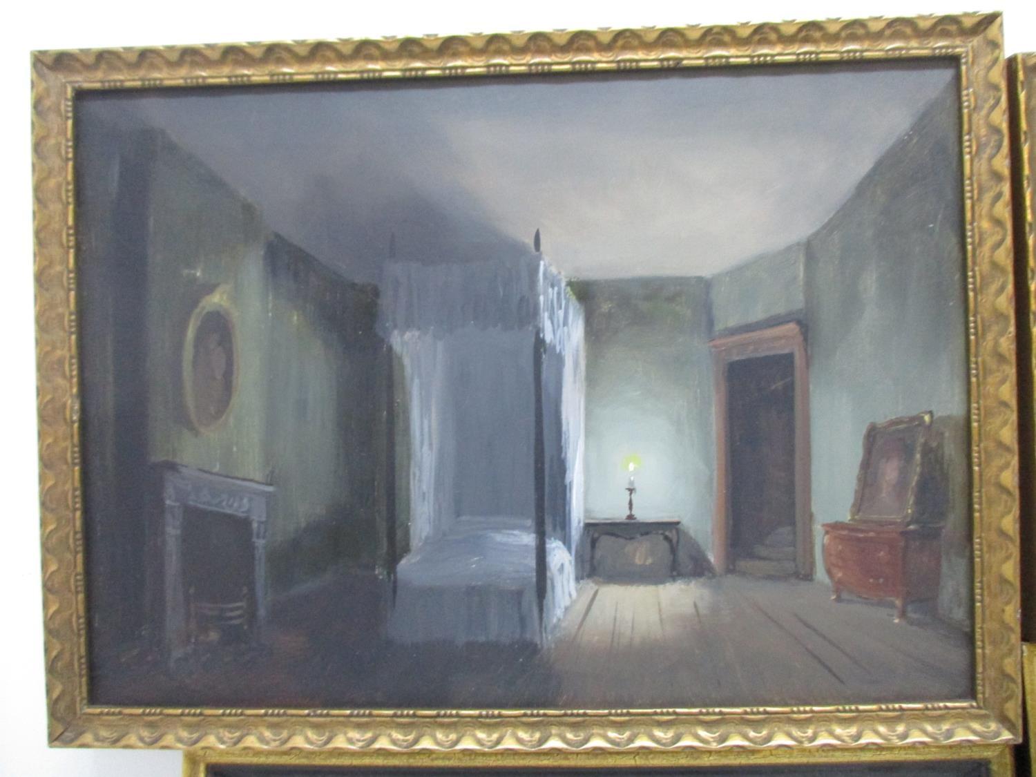 Deborah Jones - a set of four room scenes with antique furniture, oil on board, two signed lower - Image 2 of 5