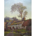 Parker Hagarty -a farmstead scene with a man carrying wood, a cottage, farm buildings and figures,