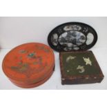 19th/20th century Chinese and Japanese treen to include a red lacquered box decorated with a