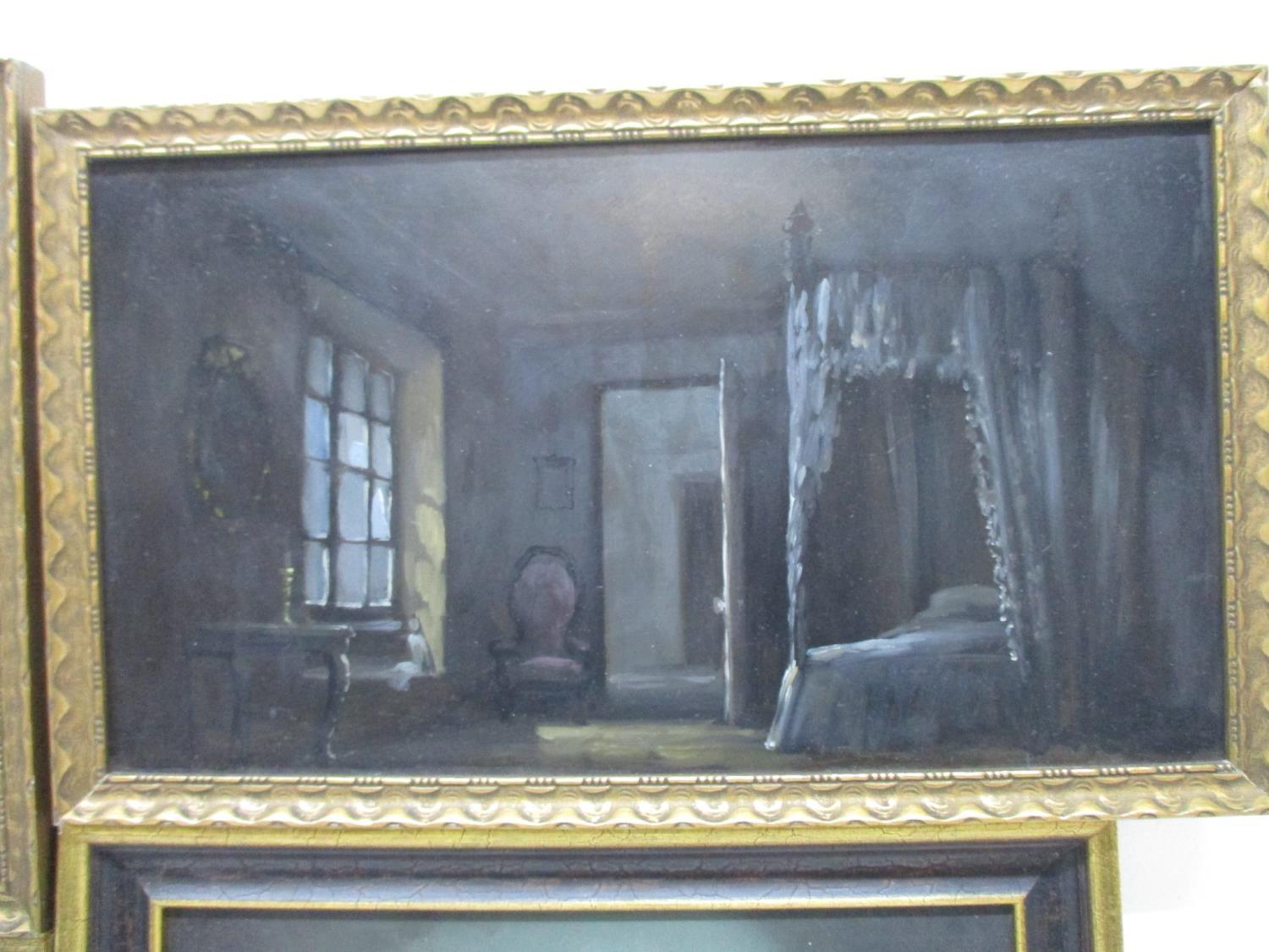 Deborah Jones - a set of four room scenes with antique furniture, oil on board, two signed lower - Image 3 of 5