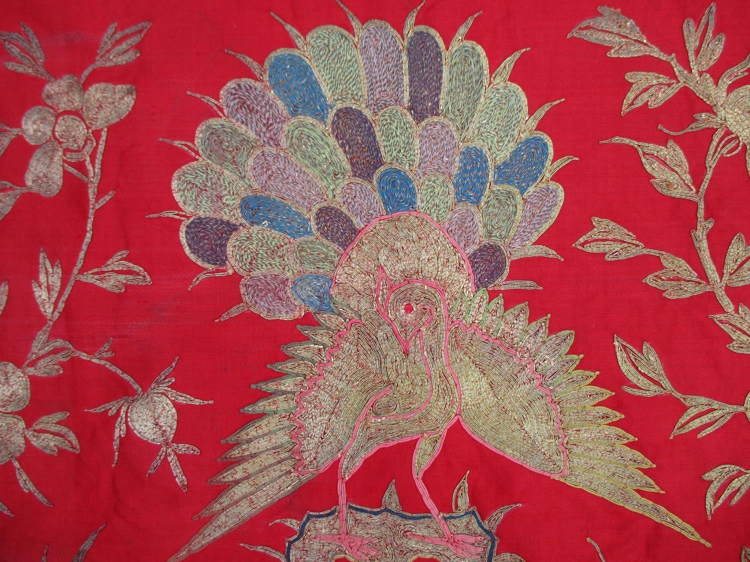 A 19th/20th century Chinese silk embroidered panel decorated with three peacocks, insects and - Image 3 of 4