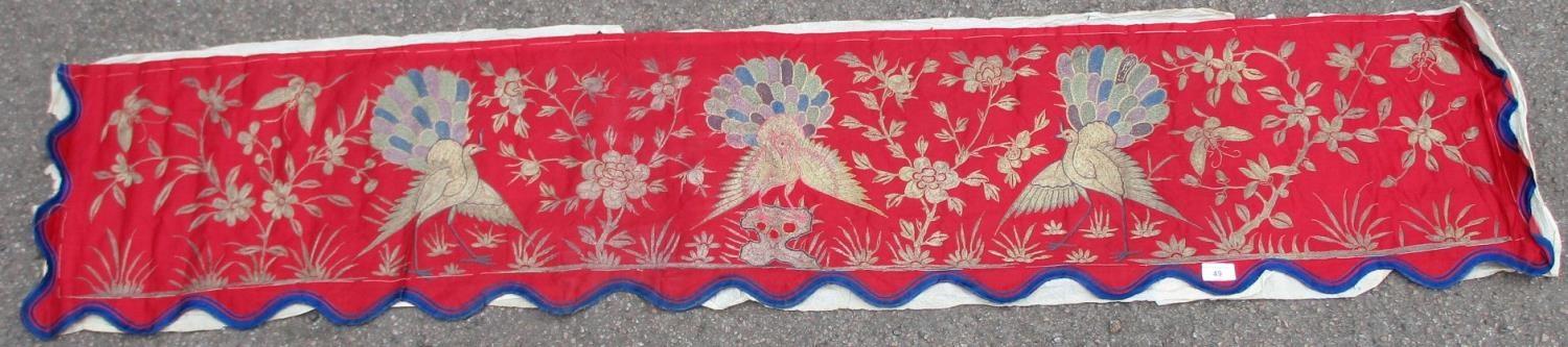 A 19th/20th century Chinese silk embroidered panel decorated with three peacocks, insects and - Image 2 of 4