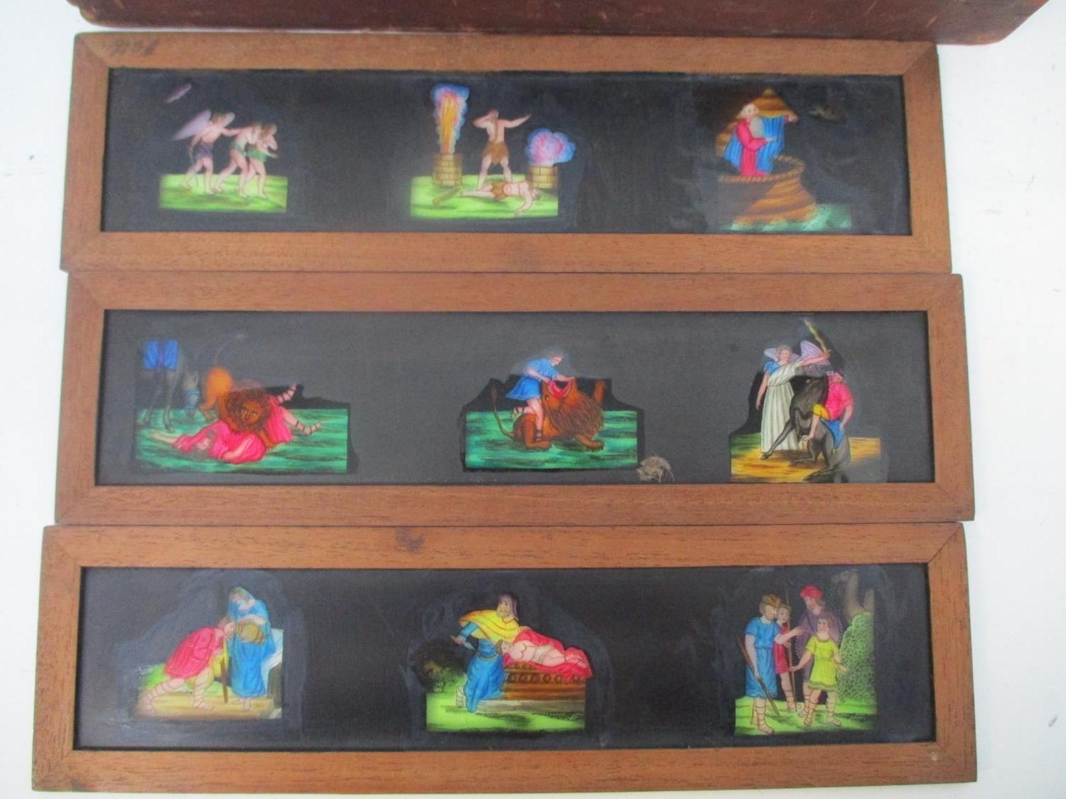 A set of twelve religious magic lantern slides each with three scenes in mahogany frames, 4" h x - Image 5 of 6