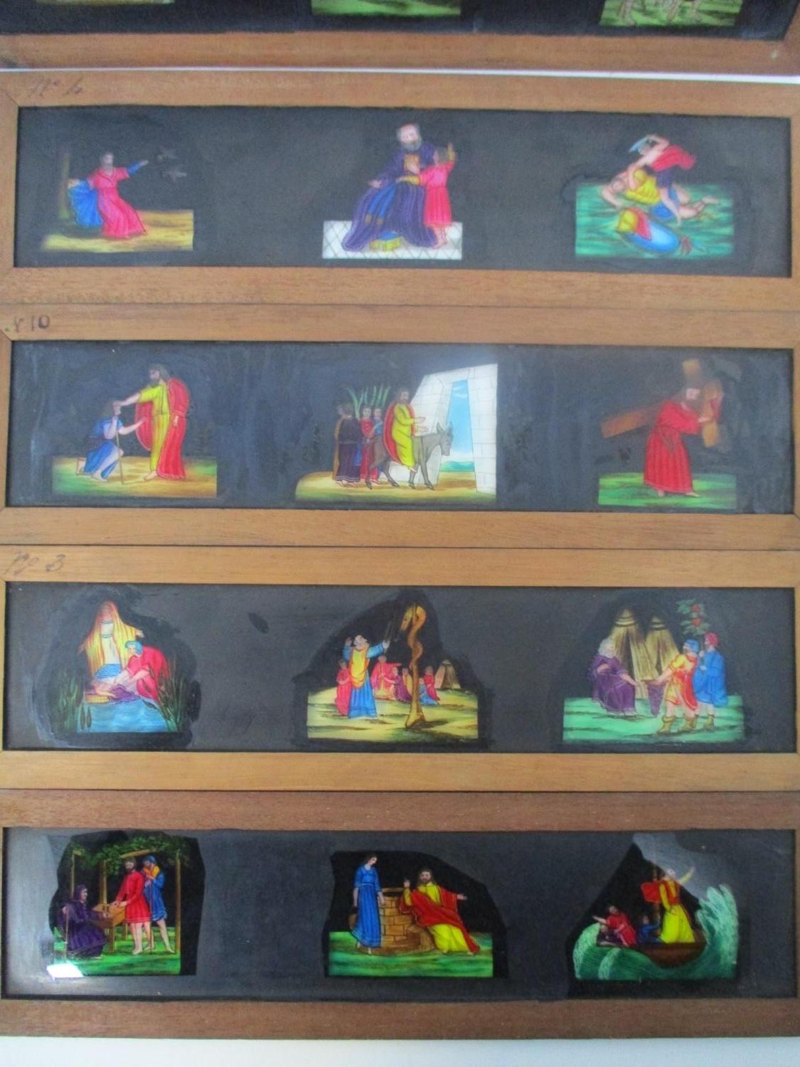 A set of twelve religious magic lantern slides each with three scenes in mahogany frames, 4" h x - Image 2 of 6