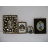 Three 20th century portrait miniatures, each of a woman highlighted in watercolour, framed and