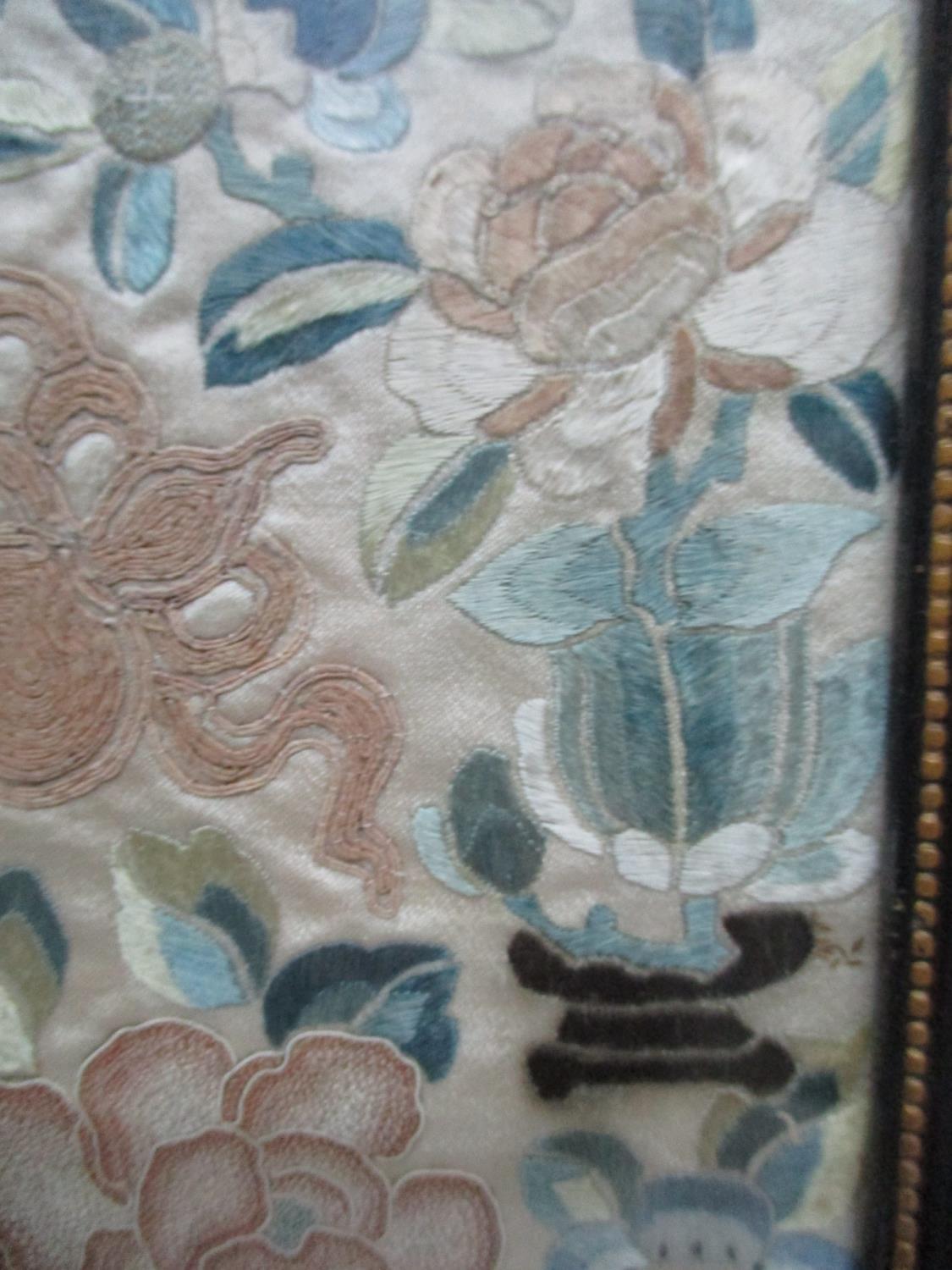 A pair of 19th century Chinese embroidered silk panels with flowers plants objects and bowls each - Image 3 of 5