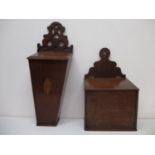 A 19th century oak wall hanging salt box and a George III mahogany wall hanging mahogany candle box