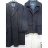 Savoy Taylors Guild gents navy wool and cashmere full-length coat size 42R, together with a James