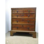 An 18th century walnut, yew, pitch pine and oak chest of two short and three graduated long drawers,