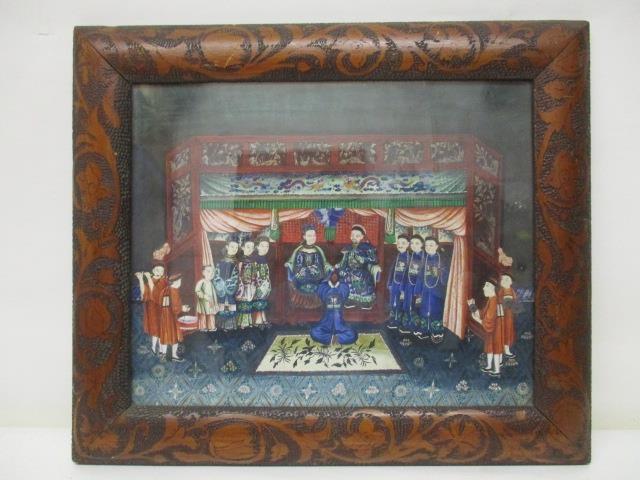 19th century Chinese School - a view of a ceremony with a man kneeling before a seated man and woman - Image 4 of 4