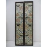 A pair of 19th century Chinese embroidered silk panels with flowers plants objects and bowls each