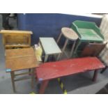 A mixed lot of furniture to include a green painted wash stand, pine wall hanging shelf, painted