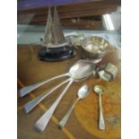 A mixed lot of silver items to include a Maltese model of a fishing boat, a twin handled bowl,