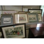 A quantity of framed and glazed prints to include a coloured engraving depicting a Prospect of