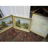 A Watson - a pair of Victorian landscape paintings with cottages, trees and a river, oil on board,