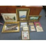 A selection of framed and glazed watercolours, prints, a pastel of a coastal scene and