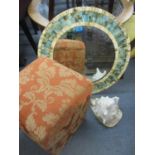 A composition framed mirror, a shell and an upholstered box stool