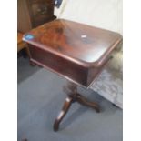 A 19th century mahogany work box on a turned column and three legs, 28 1/2" h x 18"w