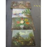 Four pictures to include an early 20th century view of farm buildings, oil on canvas signed, an