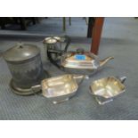 A silver plated three piece teaset, a silver plated lidded pot, a pewter Quaich and a Victorian