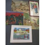 Pictures to include an industrial scene, oil on board, a canal scene, a winter street scene and