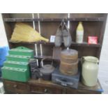 A mixed lot to include a green painted spoon rack, typewriter, advertising bottle, treen barrel