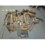 A miscellaneous lot of tools to include plumb bobs, woodworking tools and others