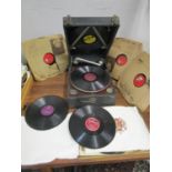 A 1930s Columbia wind up Grafonola gramophone with needles and various 78 rpm records