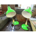 Two similar green painted and chrome desk lamps with flexible arms, re-wired and pat tested